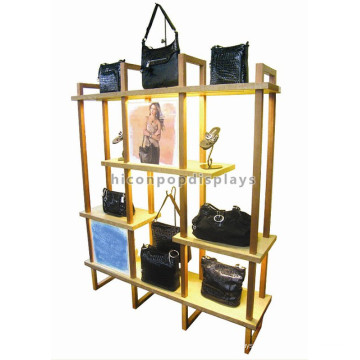 Exhibición del soporte del bolso de la ventana del centro comercial Soporte de exhibición del bolso de la publicidad del metal de madera en polvo amarillo